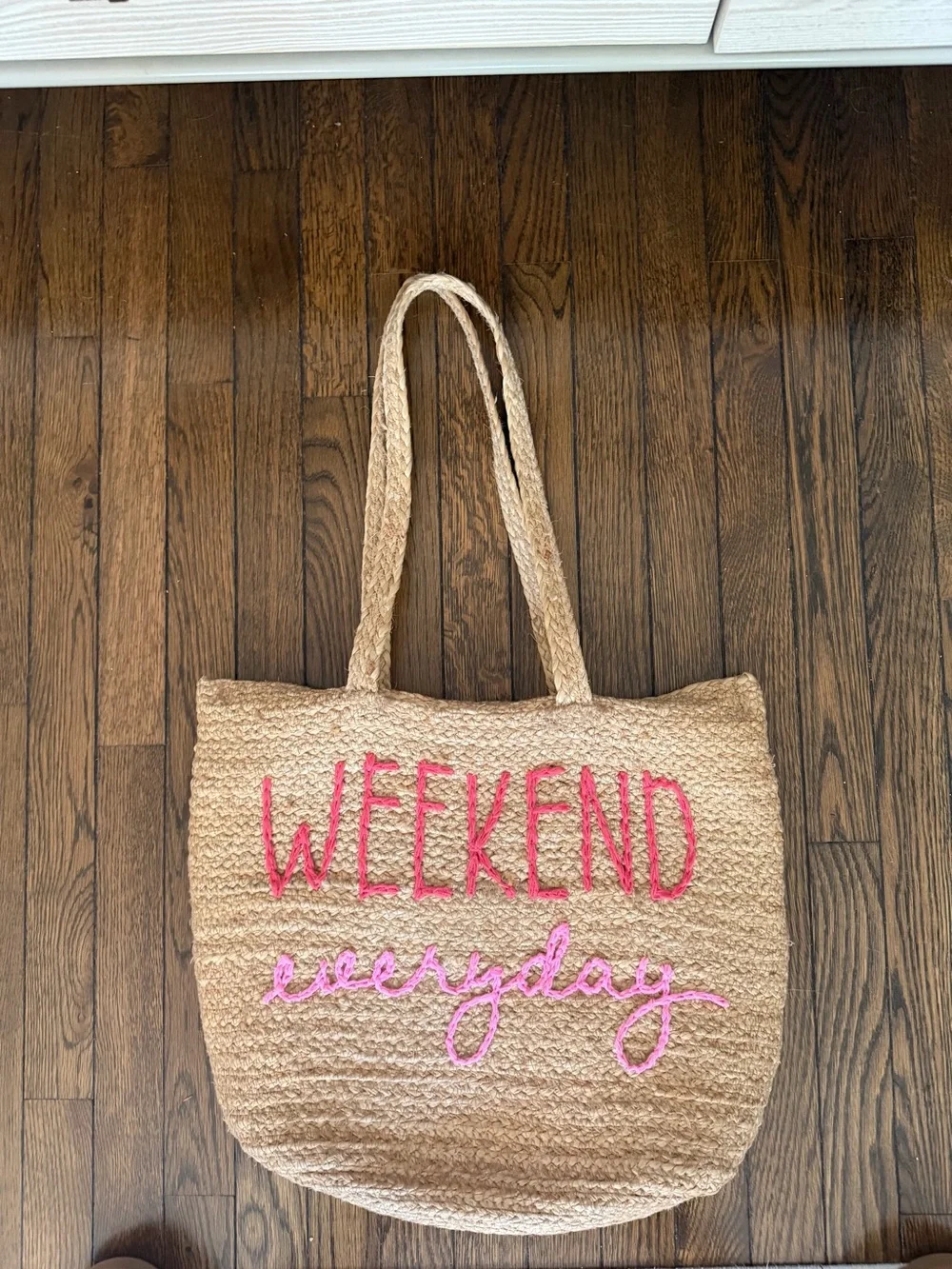 Weekend Everyday Straw cooler Tote Bag - Pink Lettering